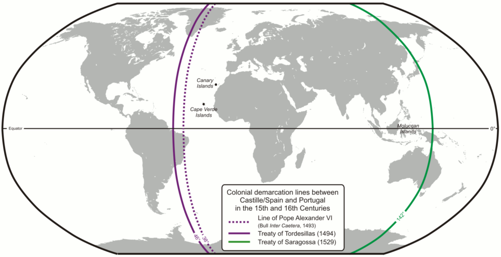 トルデシリャス条約を示す世界地図