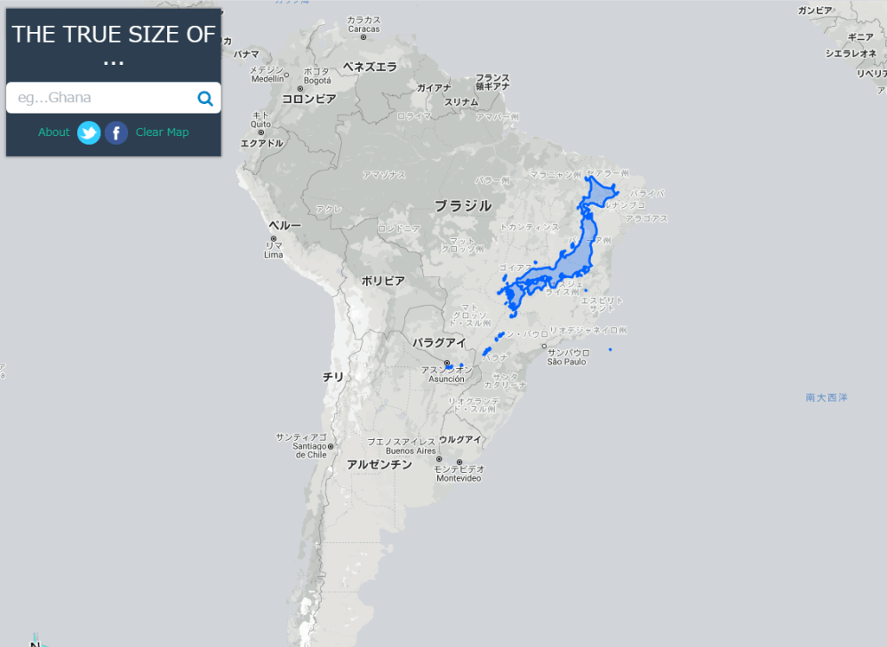 ブラジルと日本の大きさを比較する地図