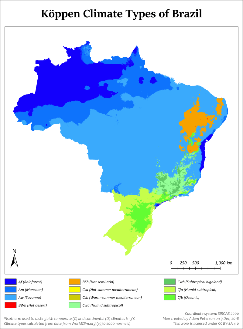 ブラジルの気候分布図